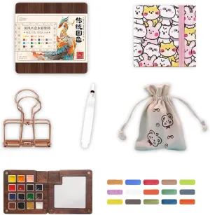 Travel Watercolor Set, Pocket Artist Watercolor Travel Set, Pocket Watercolor Set with Palettes, Storage Bag and Metal Clip, Ideal for Art Lovers (Cat-15 Grid)