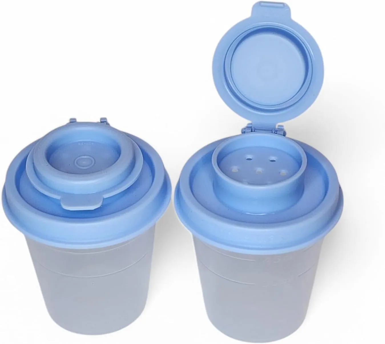 Tupperware Mini Salt and Pepper Shakers 2 oz Sheer with Iris Blue Seals