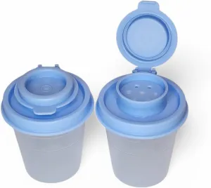 Tupperware Mini Salt and Pepper Shakers 2 oz Sheer with Iris Blue Seals