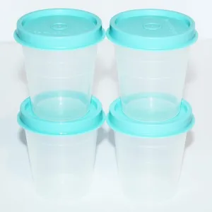 Tupperware Vintage Set of 4 Midgets 2 Ounce Mini Containers Seafoam Aqua Blue Country Pastel