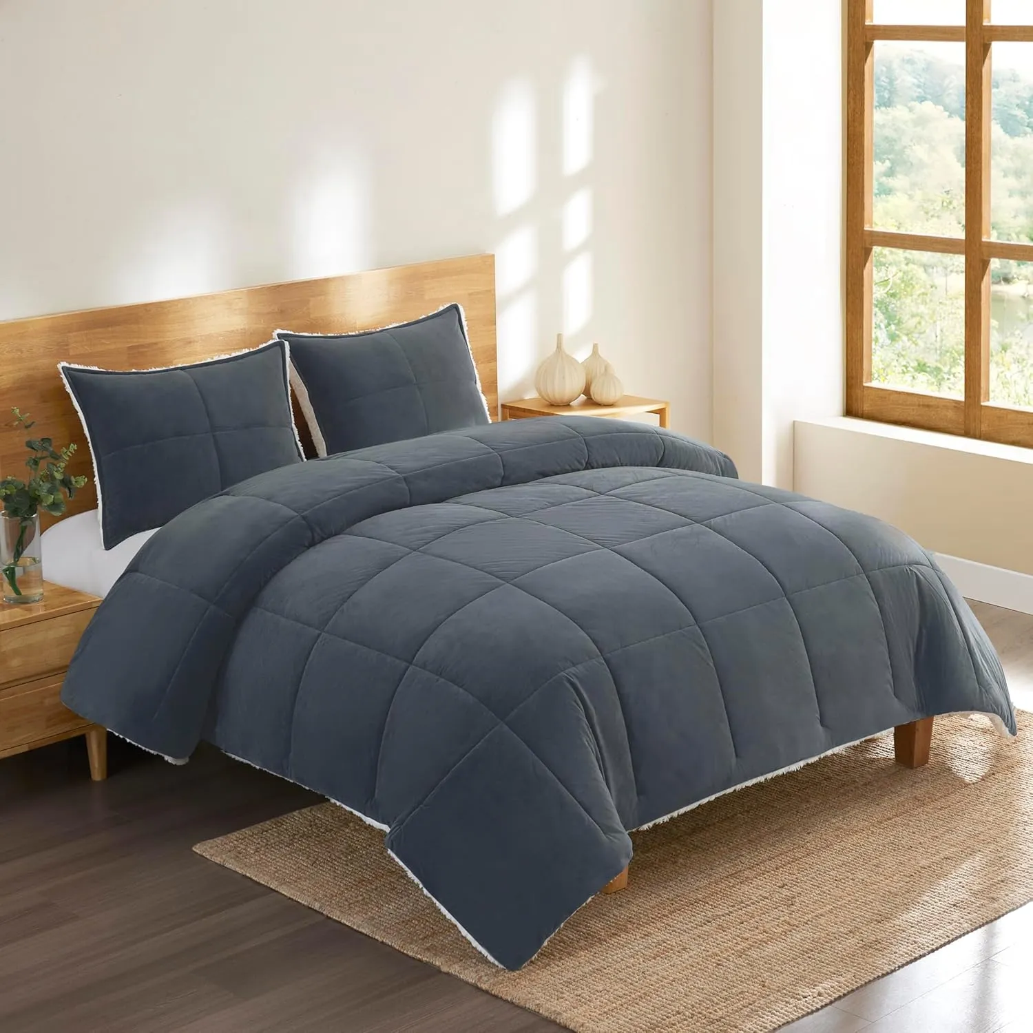 UGG Blissful Comforter Set with 2 Pillow Shams Reversible White Comforter Plush Fluffy Warm Bed Set Premium Hypoallergenic Down Alternative Bedding Breathable, King/California King, Blue Imperial