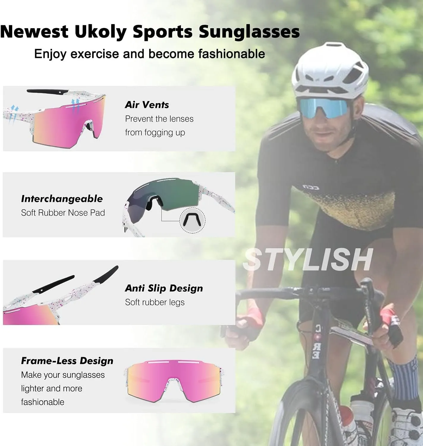 Ukoly Cycling Sunglasses for Men Women with 3 Interchangeable Lenses, Polarized Sports Sunglasses, Baseball Sunglasses
