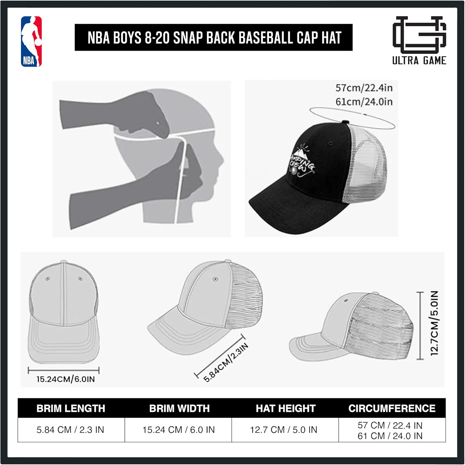 Ultra Game Youth NBA Official 8-20 Snap Back 3D Embroidered Team Logo Baseball Cap Hat