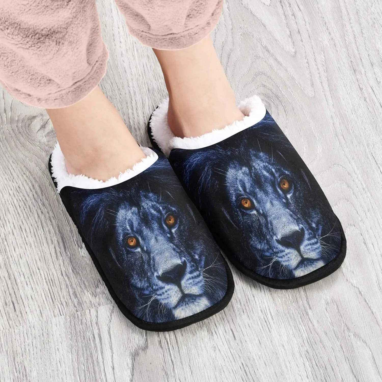 visesunny Black Lion Face Animal Slippers for Women Mens Winter Warm Memory Foam Cotton Home Slippers Soft Plush Fleece Slip on House Slippers for Girls Indoor Outdoor Shoes