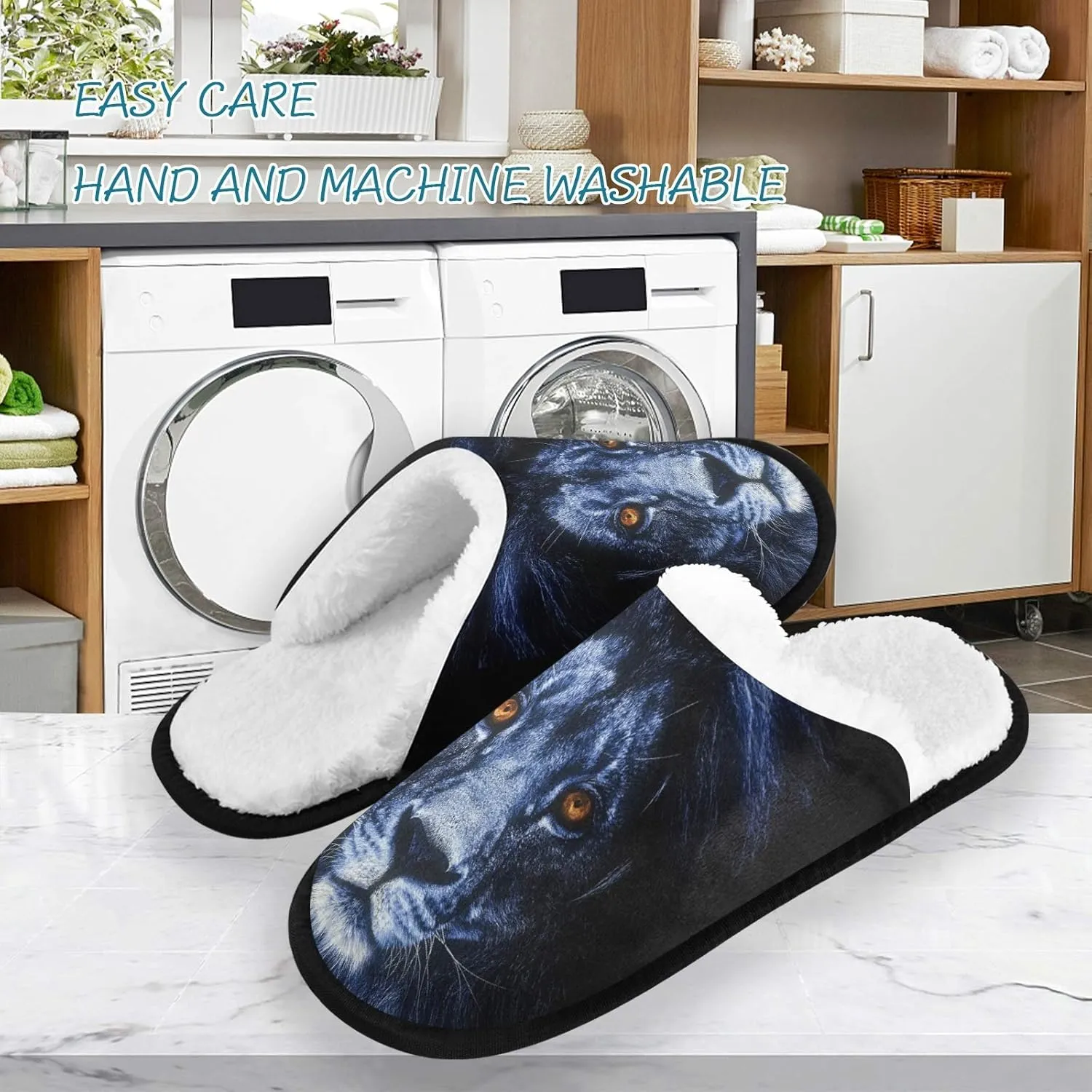 visesunny Black Lion Face Animal Slippers for Women Mens Winter Warm Memory Foam Cotton Home Slippers Soft Plush Fleece Slip on House Slippers for Girls Indoor Outdoor Shoes