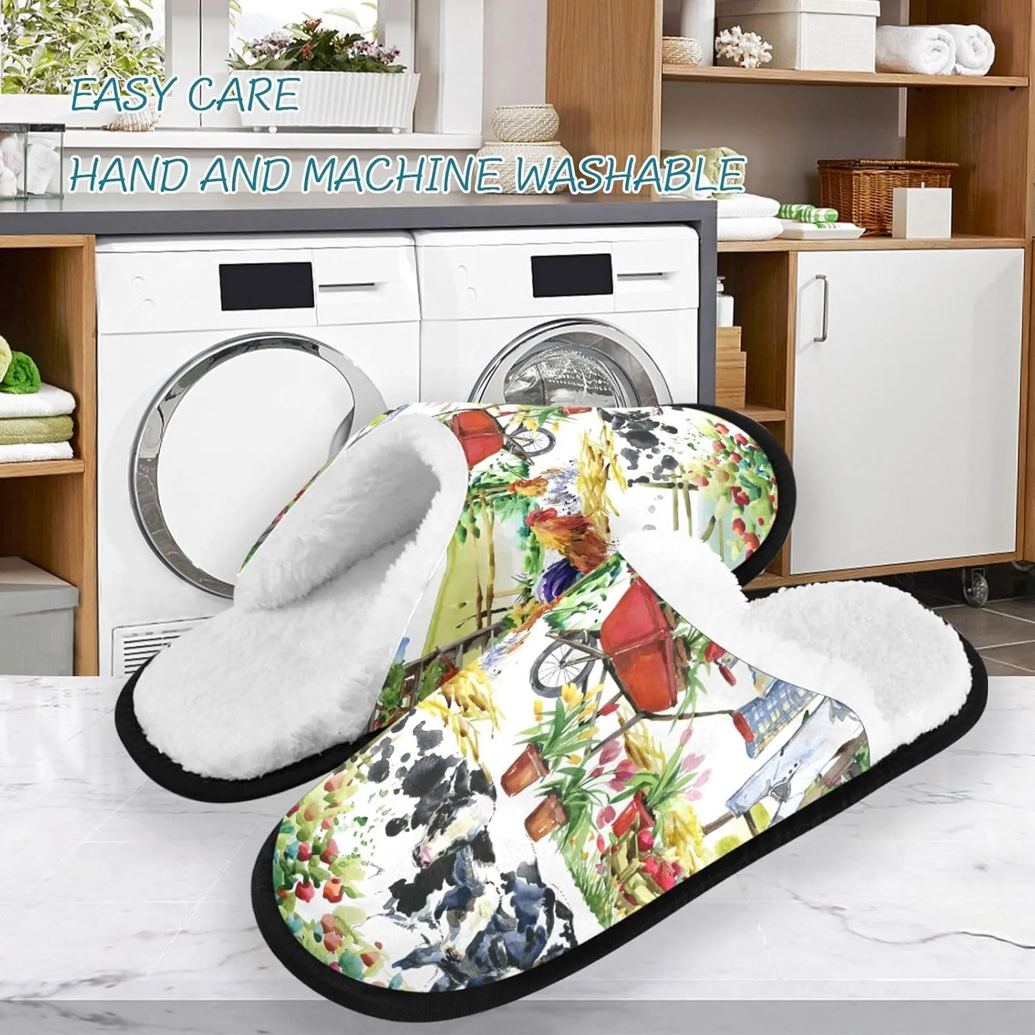visesunny Funny Slippers for Women Men Soft Plush Warm Fuzzy Winter holiday slippers Village Life Seamless Pattern Cozy House Slippers Comfy Bedroom Slippers Indoor Outdoor Shoes