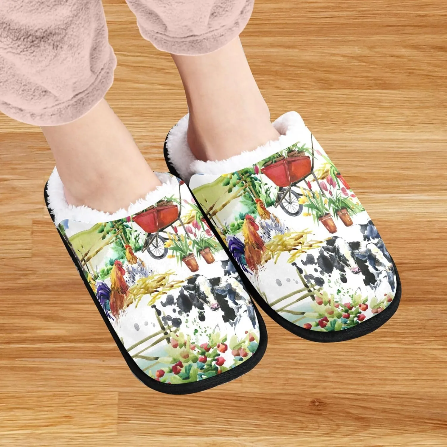 visesunny Funny Slippers for Women Men Soft Plush Warm Fuzzy Winter holiday slippers Village Life Seamless Pattern Cozy House Slippers Comfy Bedroom Slippers Indoor Outdoor Shoes