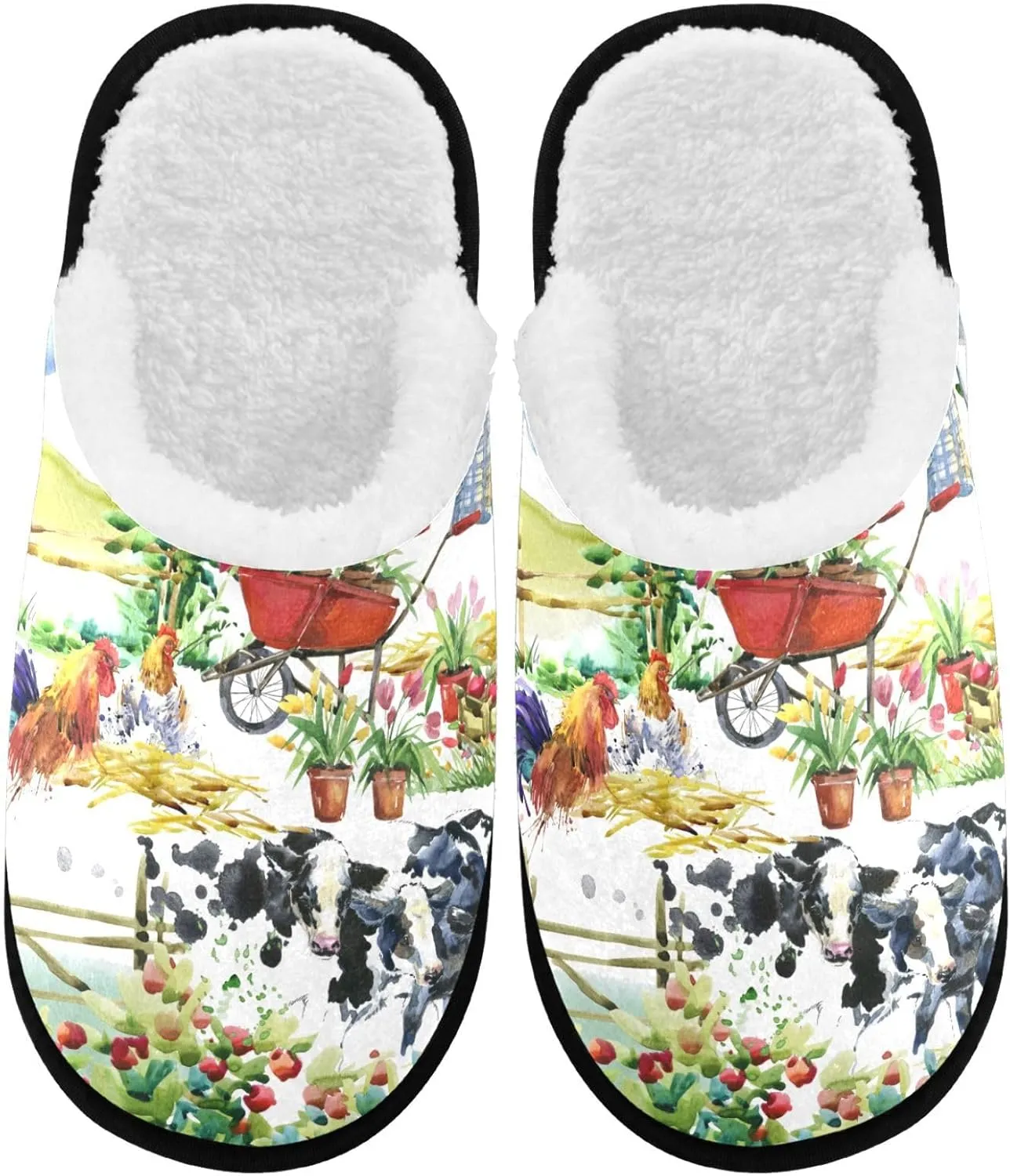 visesunny Funny Slippers for Women Men Soft Plush Warm Fuzzy Winter holiday slippers Village Life Seamless Pattern Cozy House Slippers Comfy Bedroom Slippers Indoor Outdoor Shoes