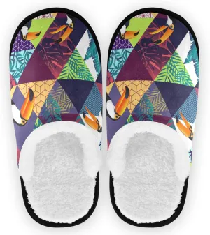 visesunny Tropical Palm Leaf Parrot Triangle Animal Slippers for Women Mens Winter Warm Memory Foam Cotton Home Slippers Soft Plush Fleece Slip on House Slippers for Girls Indoor Outdoor Shoes