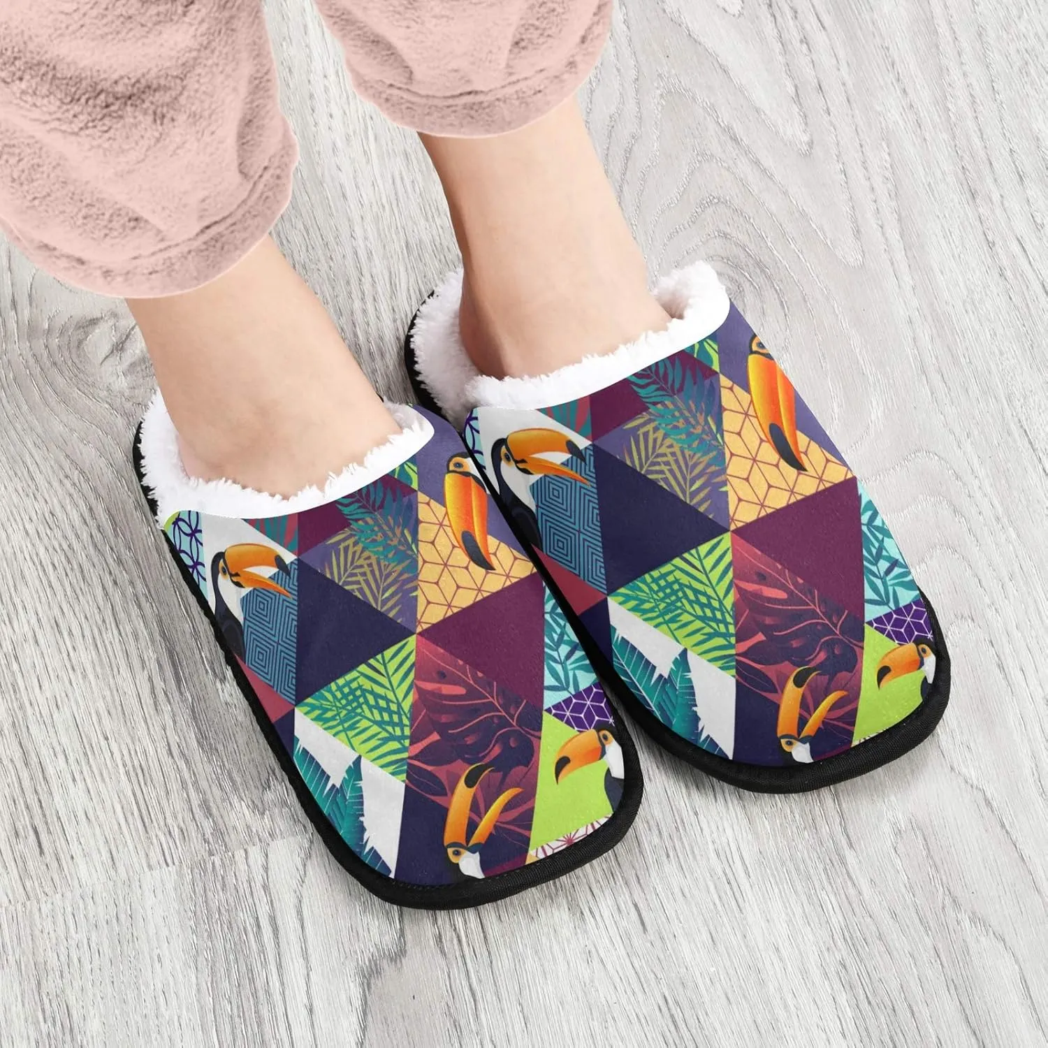 visesunny Tropical Palm Leaf Parrot Triangle Animal Slippers for Women Mens Winter Warm Memory Foam Cotton Home Slippers Soft Plush Fleece Slip on House Slippers for Girls Indoor Outdoor Shoes