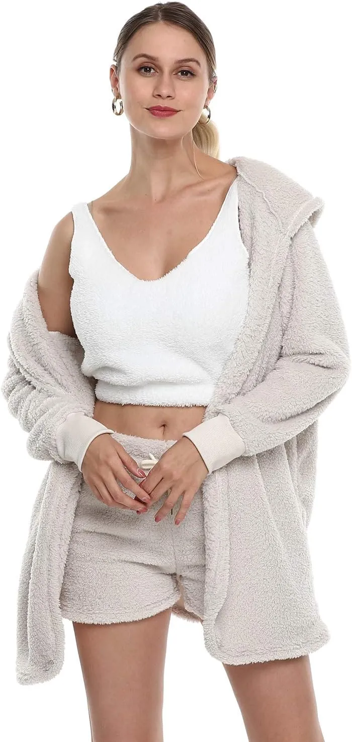 VNVNE Womens Sexy Fuzzy Warm Sherpa Fleece 3 Piece Outfit Fleece Coat Jacket Outwear and Spaghetti Strap Crop Top Shorts Set