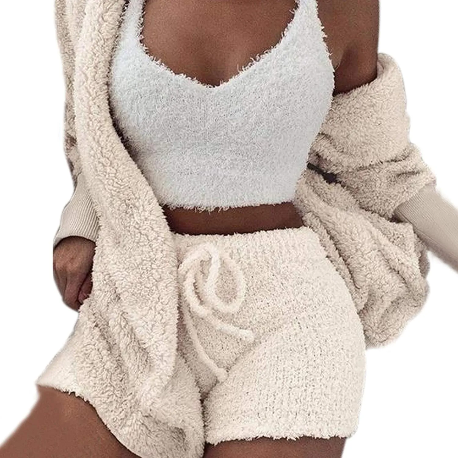 VNVNE Womens Sexy Fuzzy Warm Sherpa Fleece 3 Piece Outfit Fleece Coat Jacket Outwear and Spaghetti Strap Crop Top Shorts Set