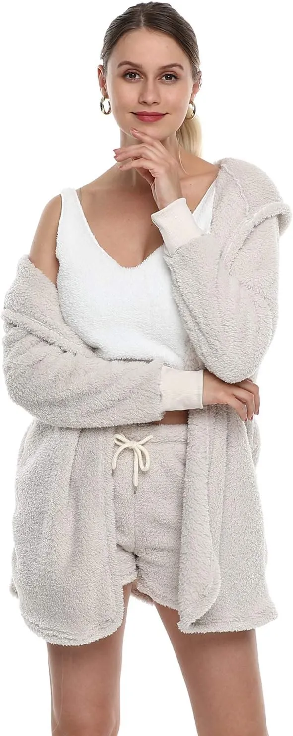 VNVNE Womens Sexy Fuzzy Warm Sherpa Fleece 3 Piece Outfit Fleece Coat Jacket Outwear and Spaghetti Strap Crop Top Shorts Set