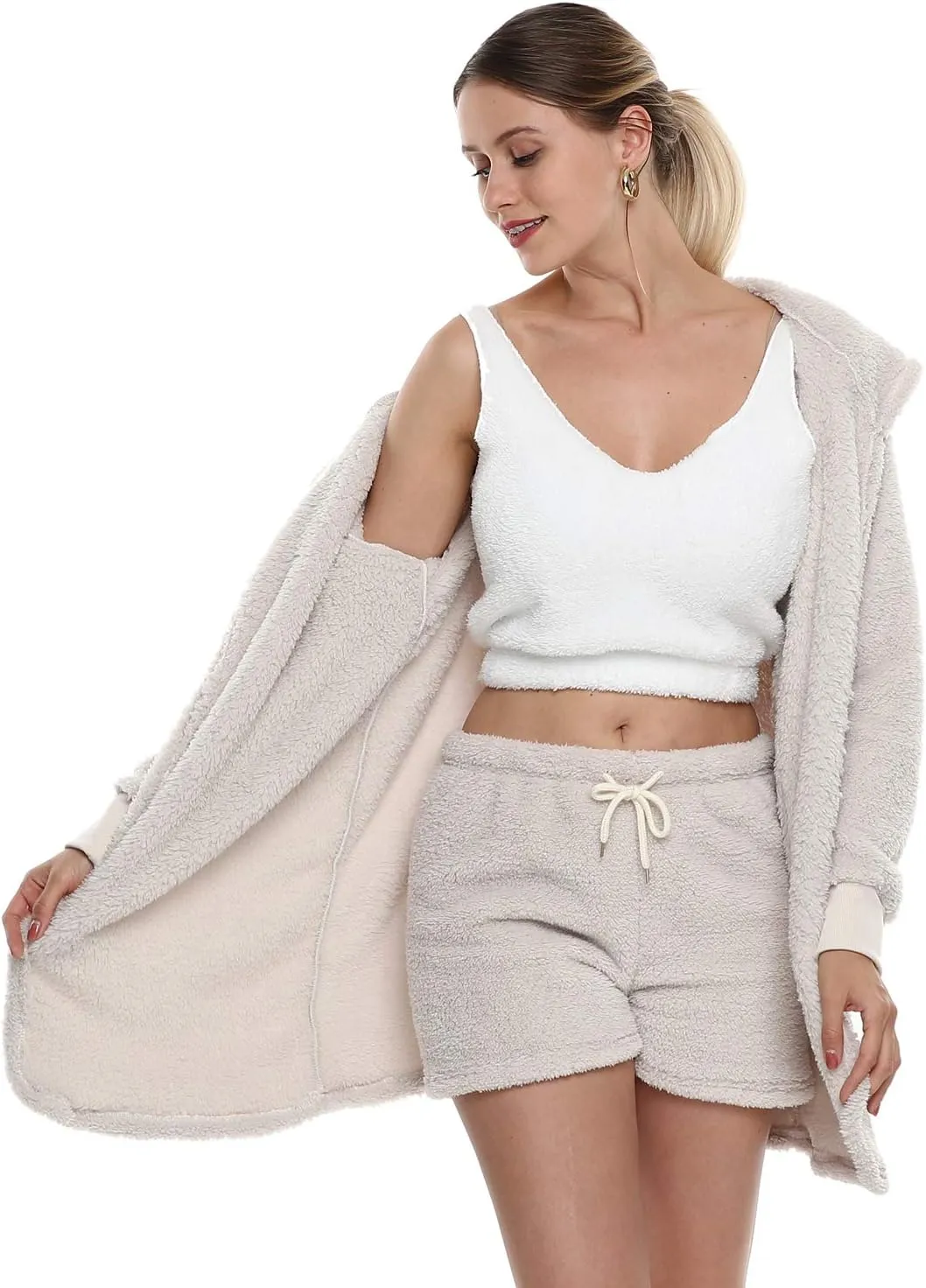 VNVNE Womens Sexy Fuzzy Warm Sherpa Fleece 3 Piece Outfit Fleece Coat Jacket Outwear and Spaghetti Strap Crop Top Shorts Set