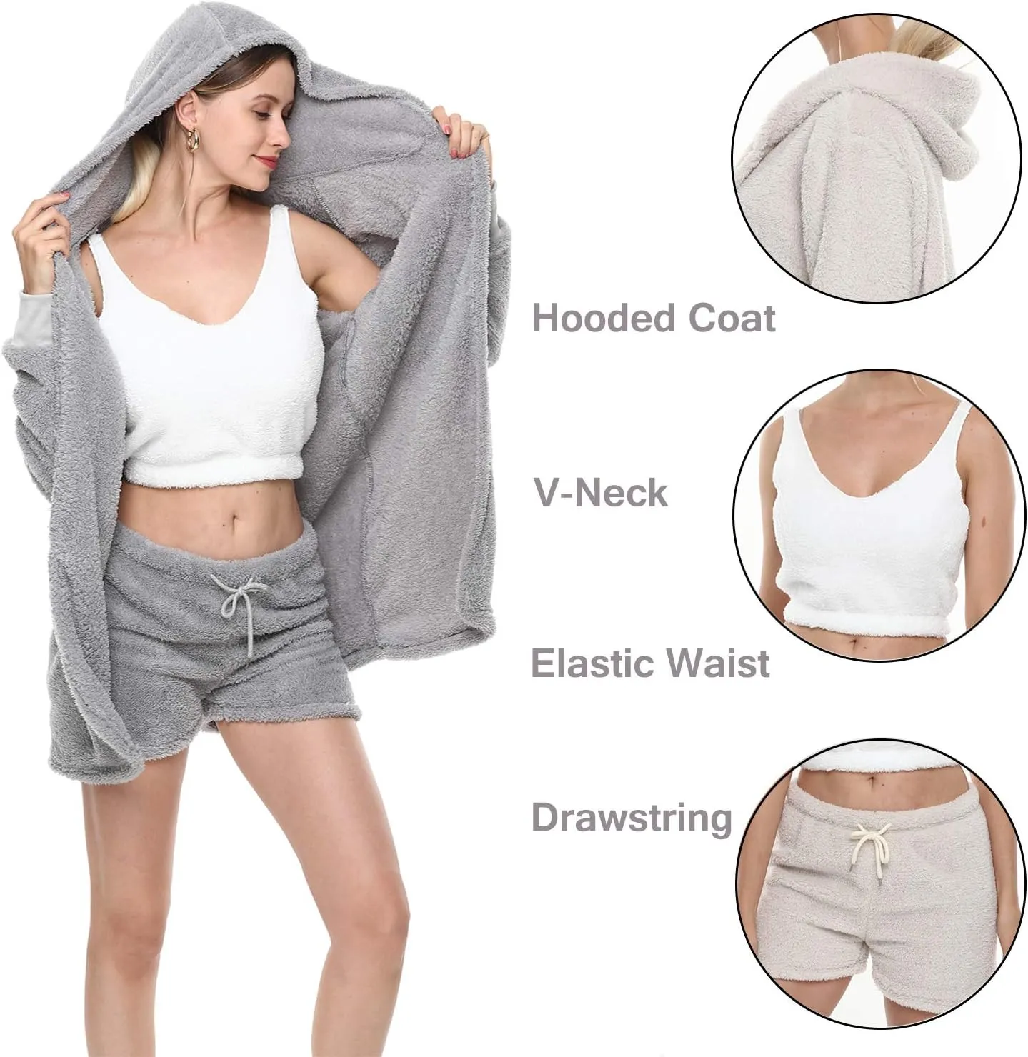 VNVNE Womens Sexy Fuzzy Warm Sherpa Fleece 3 Piece Outfit Fleece Coat Jacket Outwear and Spaghetti Strap Crop Top Shorts Set
