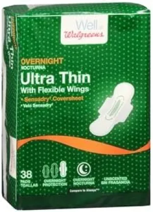 Walgreens Ultra Thin Pads with Flexible Wings, Overnight, 38 ea