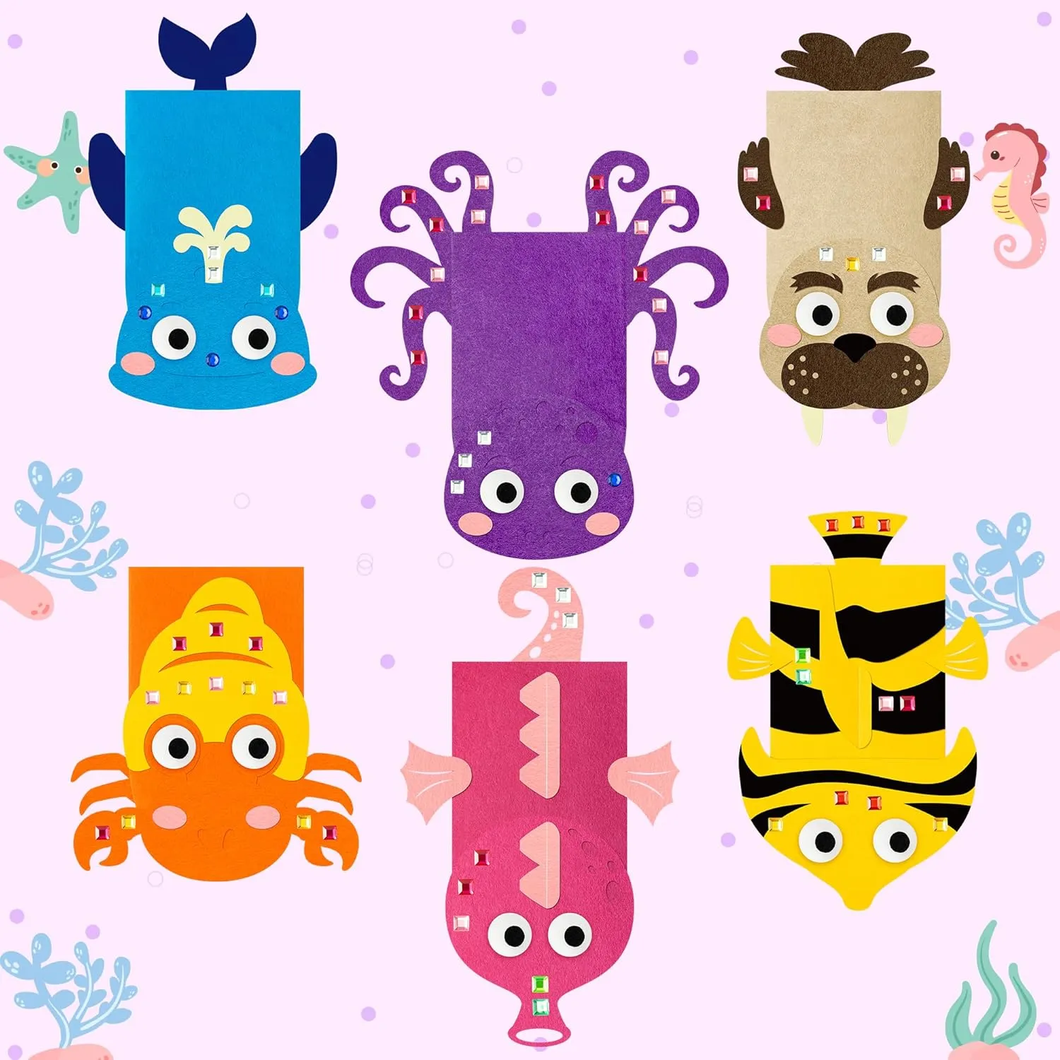 WATINC 6Pcs Hand Puppet Making Kit, Art Craft Felt Sock Puppet Toys, Creative DIY Make Your Own Pompoms Wiggle Googly Eyes Storytelling Role Play Party Supplies Gift for Girls Boys (Ocean Animals B)