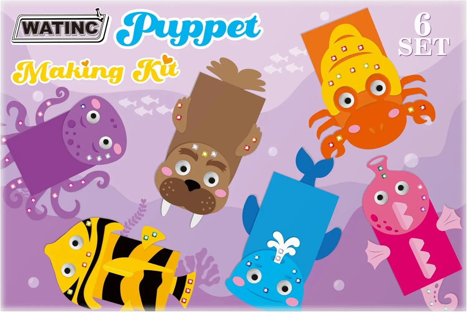 WATINC 6Pcs Hand Puppet Making Kit, Art Craft Felt Sock Puppet Toys, Creative DIY Make Your Own Pompoms Wiggle Googly Eyes Storytelling Role Play Party Supplies Gift for Girls Boys (Ocean Animals B)
