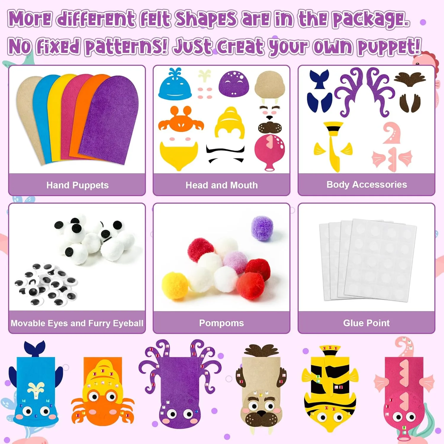 WATINC 6Pcs Hand Puppet Making Kit, Art Craft Felt Sock Puppet Toys, Creative DIY Make Your Own Pompoms Wiggle Googly Eyes Storytelling Role Play Party Supplies Gift for Girls Boys (Ocean Animals B)