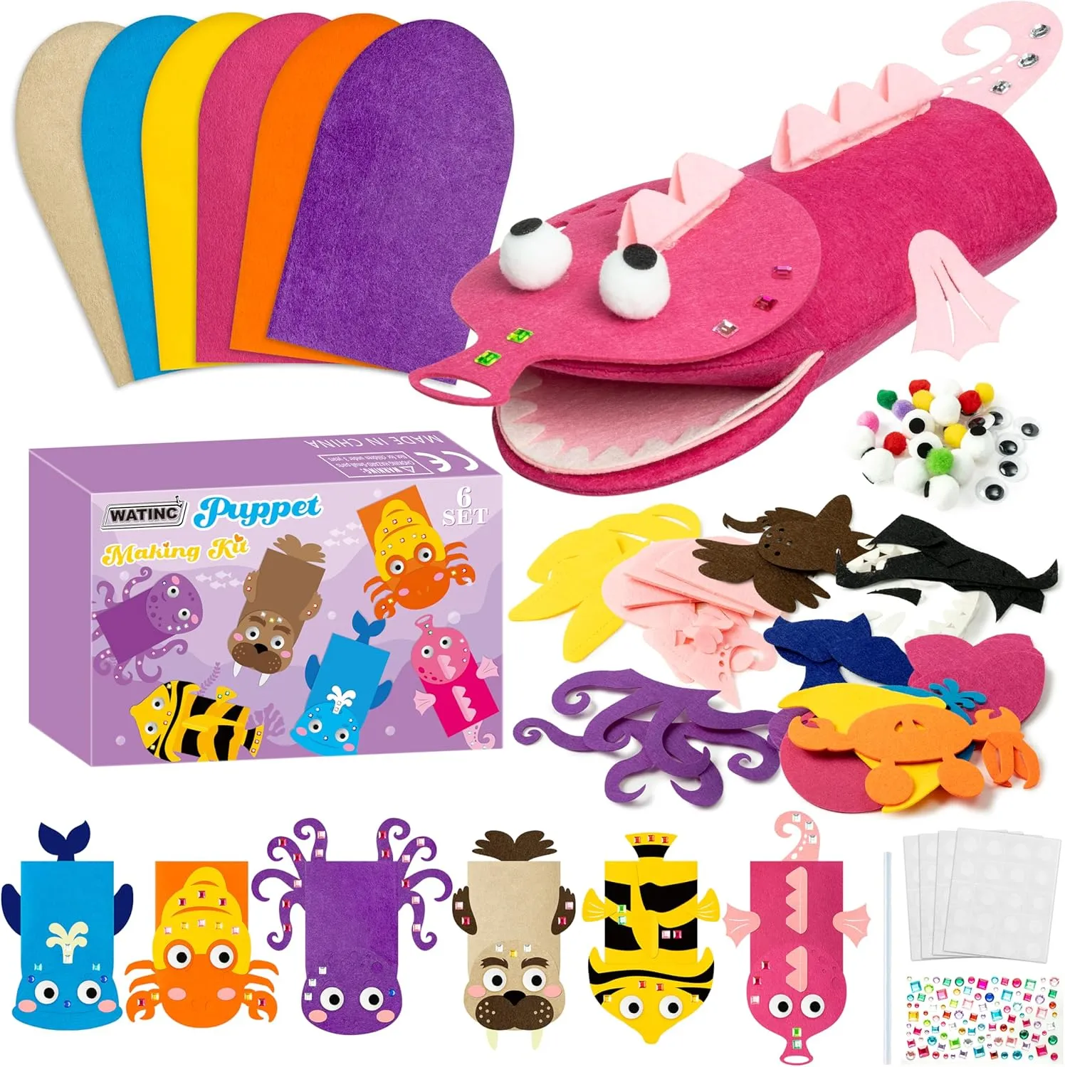 WATINC 6Pcs Hand Puppet Making Kit, Art Craft Felt Sock Puppet Toys, Creative DIY Make Your Own Pompoms Wiggle Googly Eyes Storytelling Role Play Party Supplies Gift for Girls Boys (Ocean Animals B)