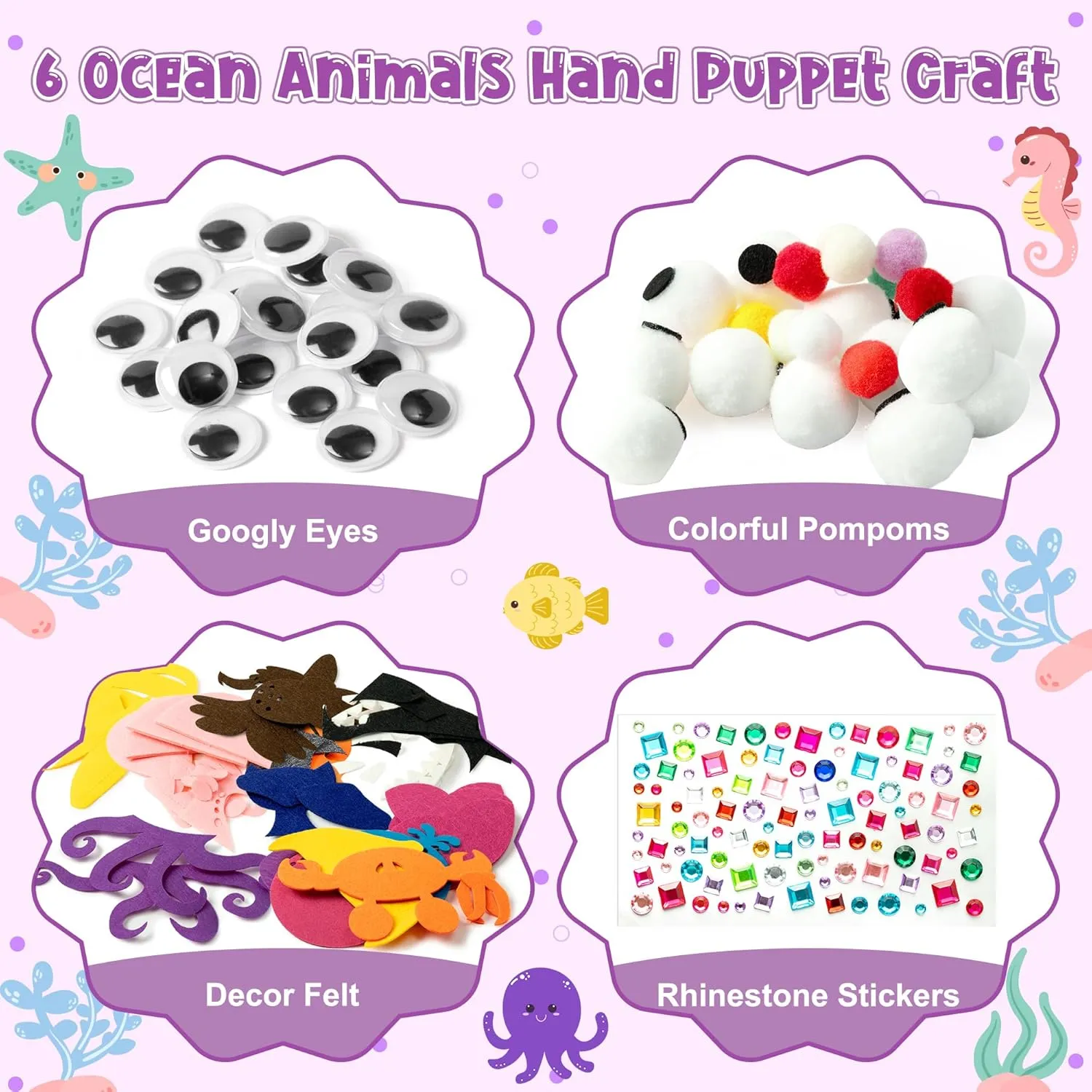 WATINC 6Pcs Hand Puppet Making Kit, Art Craft Felt Sock Puppet Toys, Creative DIY Make Your Own Pompoms Wiggle Googly Eyes Storytelling Role Play Party Supplies Gift for Girls Boys (Ocean Animals B)