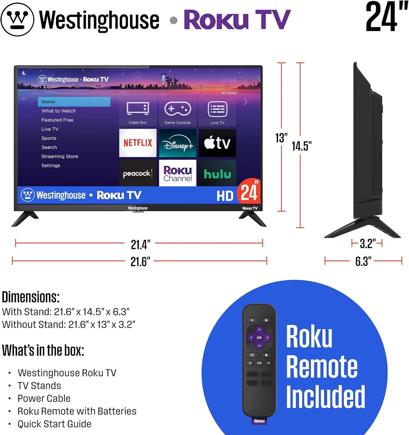 Westinghouse Roku TV - 24 Inch Smart Television, 720P LED HD with Wi-Fi Connectivity and Mobile App, Flat Screen Compatible with Apple Home Kit, Alexa and Google Assistant