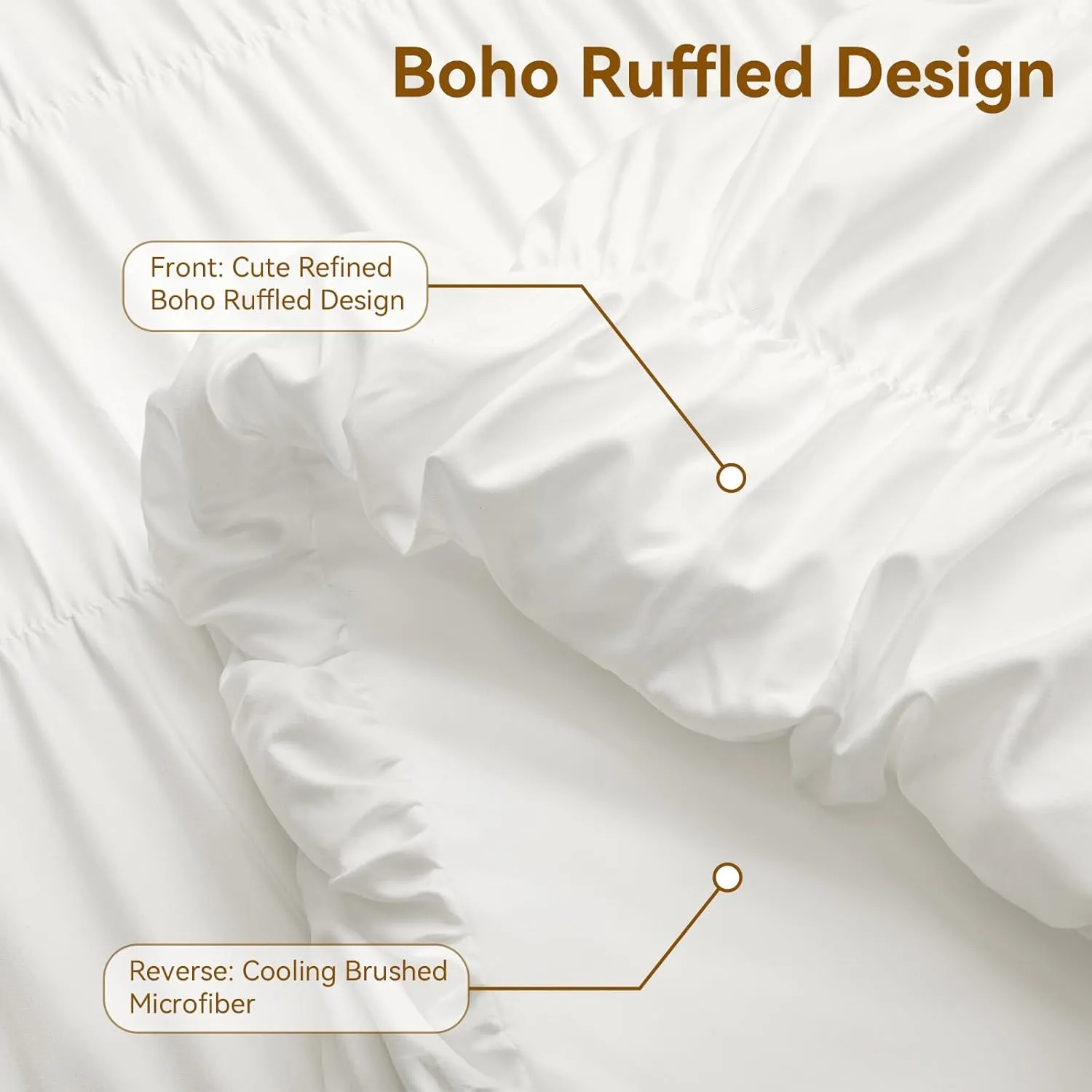 White Comforter Set Queen - Boho Fluffy Ruched Bedding Comforter Set with 2 Pillowcases, 3 Pieces Soft Shabby Chic Ruffle Bed Set for All Season