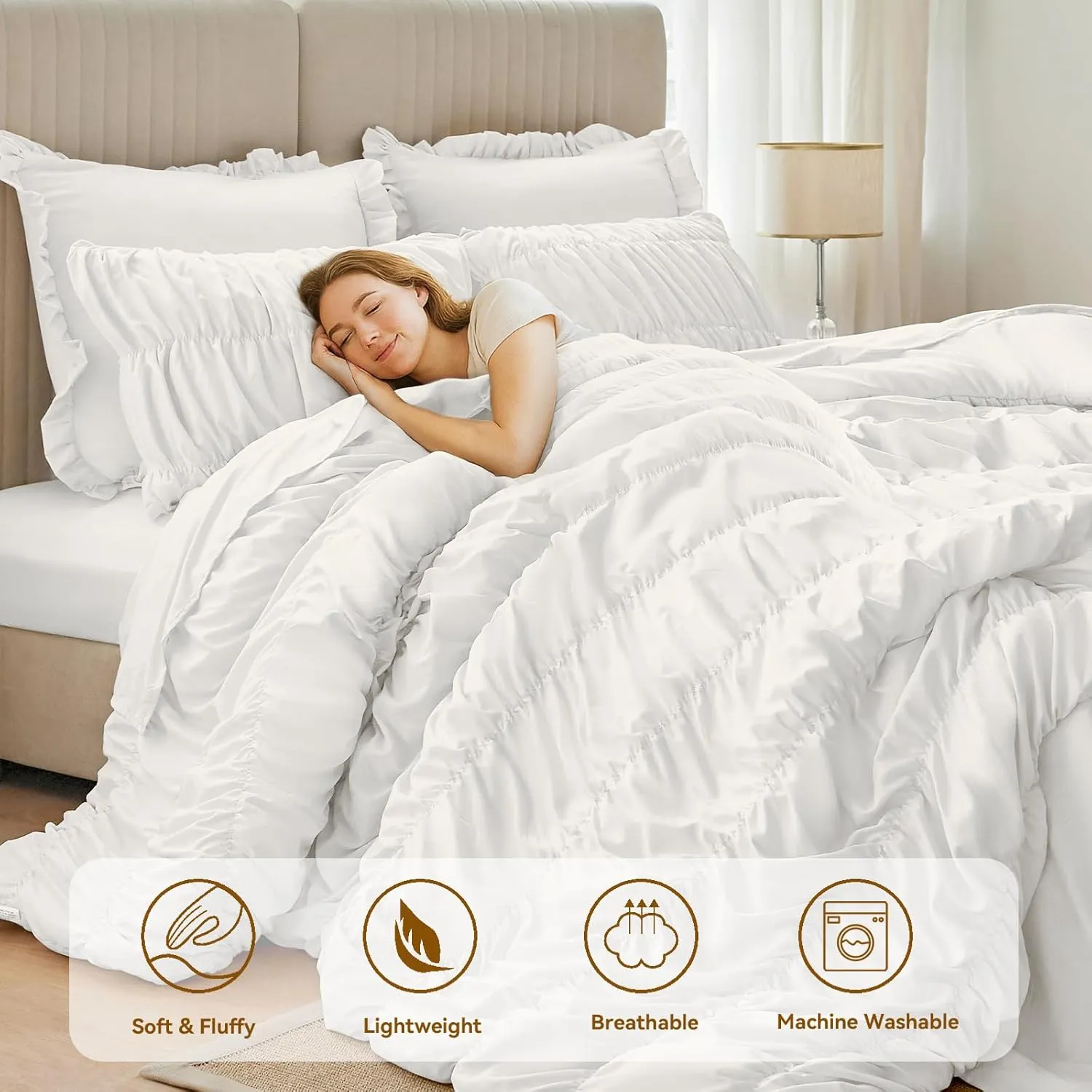 White Comforter Set Queen - Boho Fluffy Ruched Bedding Comforter Set with 2 Pillowcases, 3 Pieces Soft Shabby Chic Ruffle Bed Set for All Season