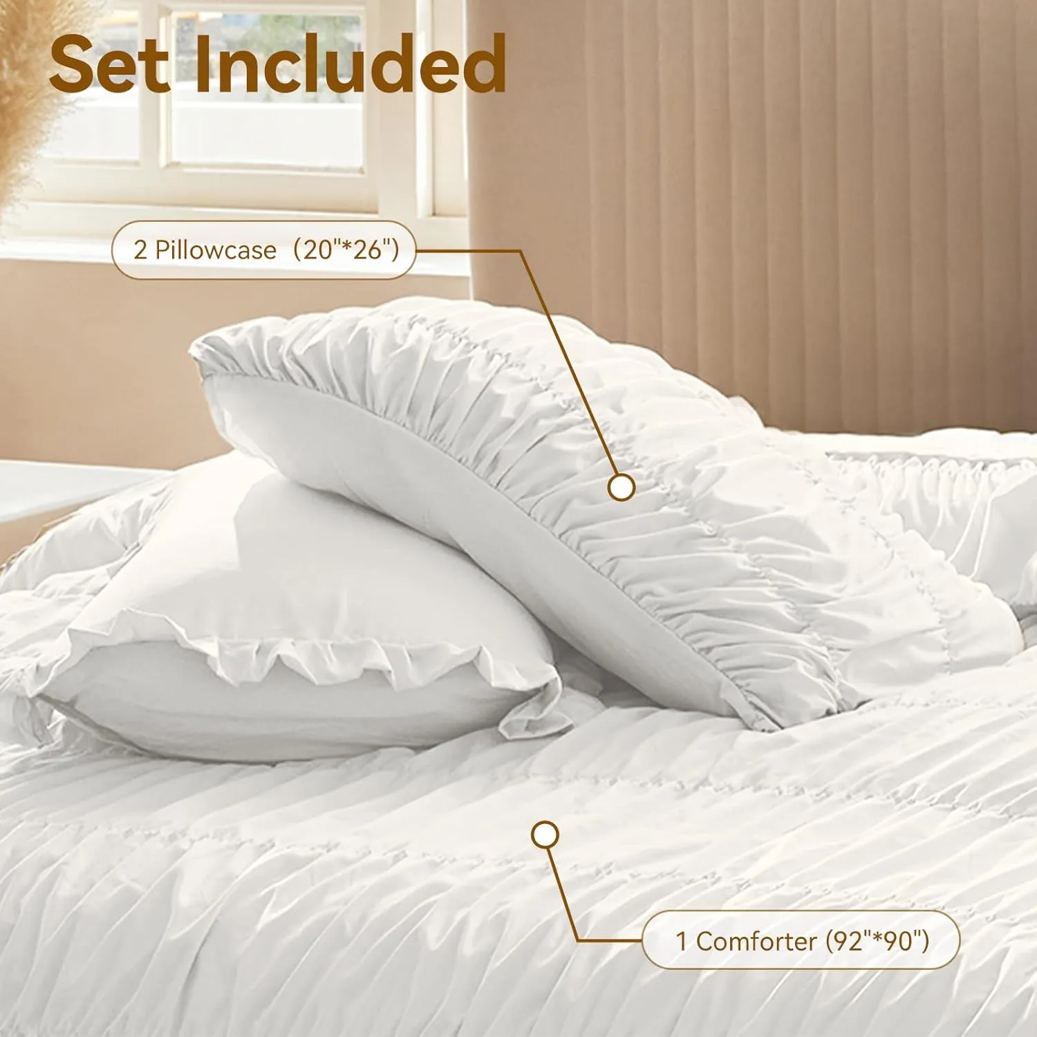 White Comforter Set Queen - Boho Fluffy Ruched Bedding Comforter Set with 2 Pillowcases, 3 Pieces Soft Shabby Chic Ruffle Bed Set for All Season