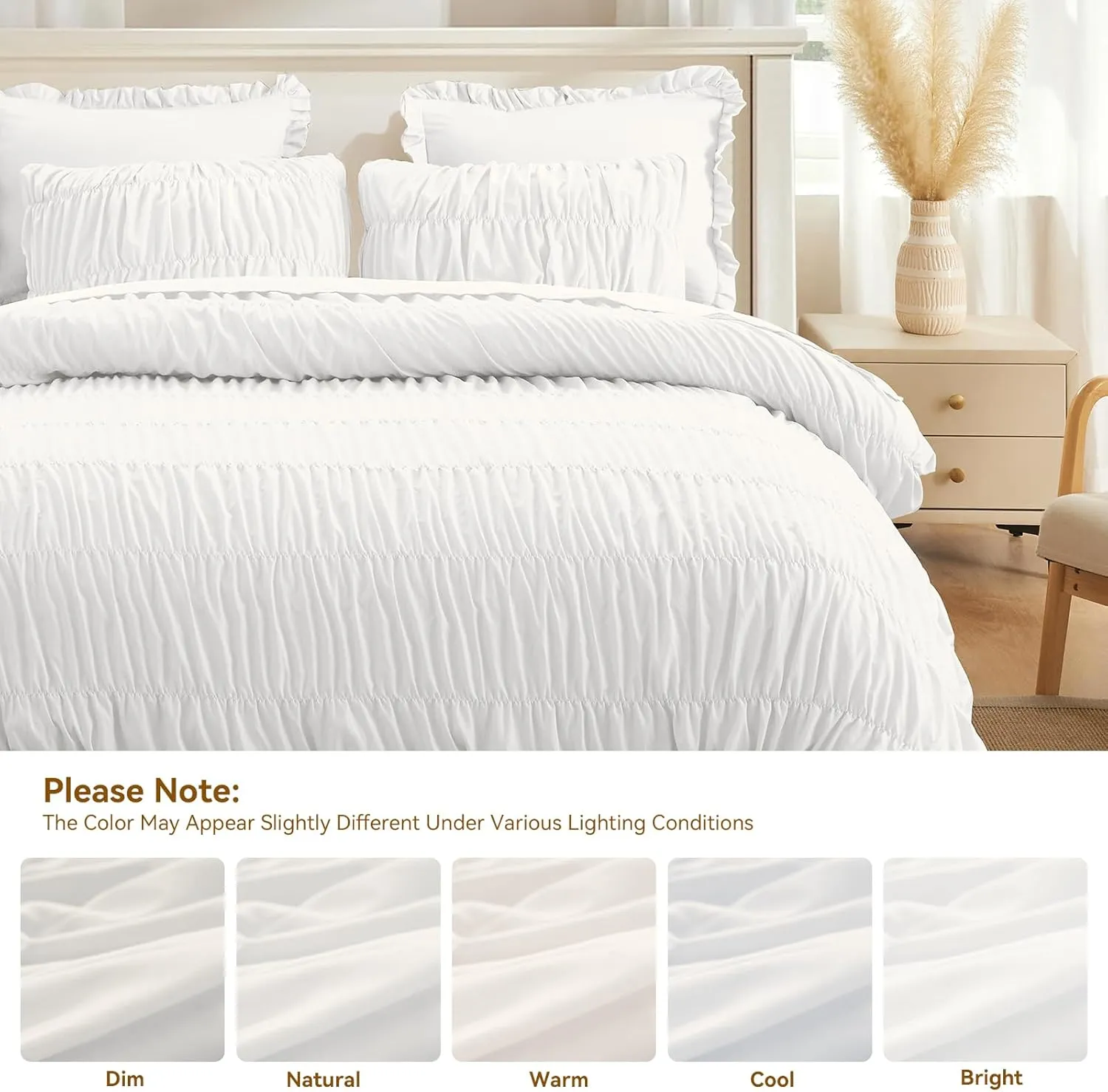 White Comforter Set Queen - Boho Fluffy Ruched Bedding Comforter Set with 2 Pillowcases, 3 Pieces Soft Shabby Chic Ruffle Bed Set for All Season