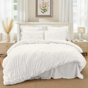 White Comforter Set Queen - Boho Fluffy Ruched Bedding Comforter Set with 2 Pillowcases, 3 Pieces Soft Shabby Chic Ruffle Bed Set for All Season