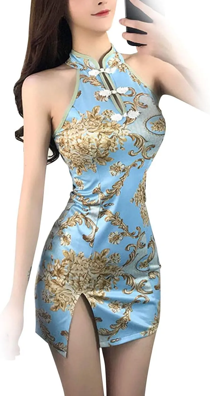 Women Sexy Cheongsam Dress Satin Chinese Qipao Traditional Style Split Short Dress Lady Tight Floral Wedding Dress Uniform
