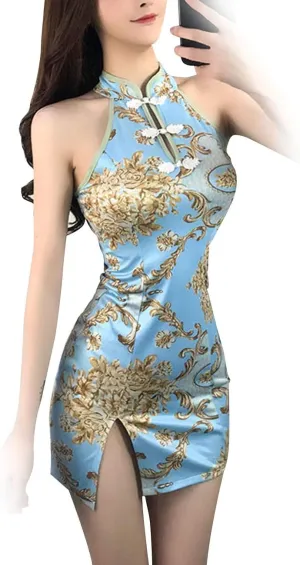 Women Sexy Cheongsam Dress Satin Chinese Qipao Traditional Style Split Short Dress Lady Tight Floral Wedding Dress Uniform