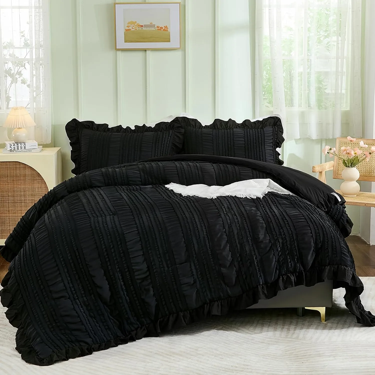 WONGS BEDDING Black Comforter Set Queen,3 Pieces Ruffle Farmhouse Shabby Chic Boho Comforter for Queen Bed,Soft Seersucker Textured Bedding Set with 1 Ruffle Comforter,2 Tufted Pillowcases 90"×90"