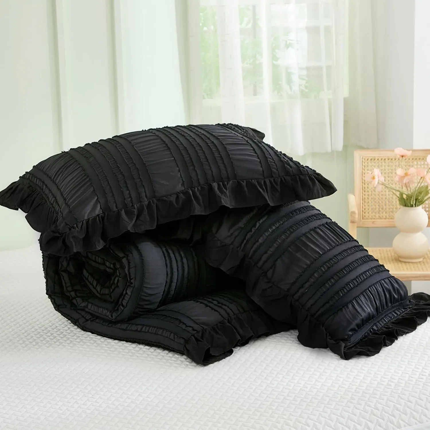 WONGS BEDDING Black Comforter Set Queen,3 Pieces Ruffle Farmhouse Shabby Chic Boho Comforter for Queen Bed,Soft Seersucker Textured Bedding Set with 1 Ruffle Comforter,2 Tufted Pillowcases 90"×90"