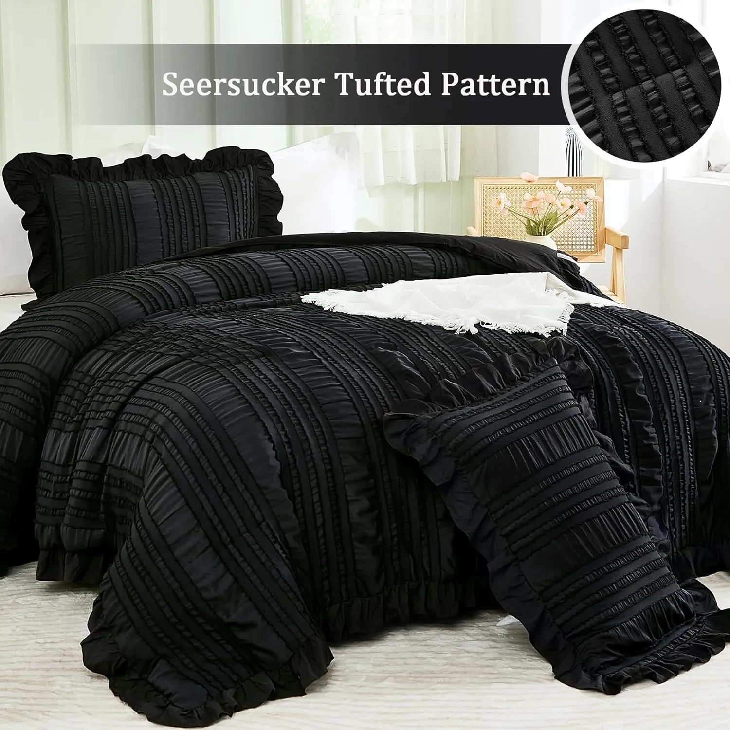 WONGS BEDDING Black Comforter Set Queen,3 Pieces Ruffle Farmhouse Shabby Chic Boho Comforter for Queen Bed,Soft Seersucker Textured Bedding Set with 1 Ruffle Comforter,2 Tufted Pillowcases 90"×90"