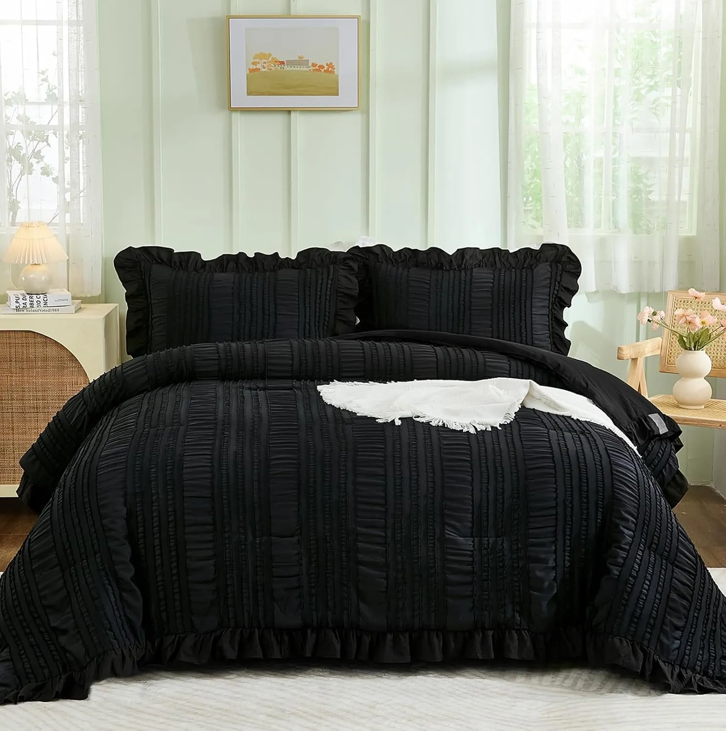 WONGS BEDDING Black Comforter Set Queen,3 Pieces Ruffle Farmhouse Shabby Chic Boho Comforter for Queen Bed,Soft Seersucker Textured Bedding Set with 1 Ruffle Comforter,2 Tufted Pillowcases 90"×90"