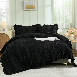 WONGS BEDDING Black Comforter Set Queen,3 Pieces Ruffle Farmhouse Shabby Chic Boho Comforter for Queen Bed,Soft Seersucker Textured Bedding Set with 1 Ruffle Comforter,2 Tufted Pillowcases 90"×90"