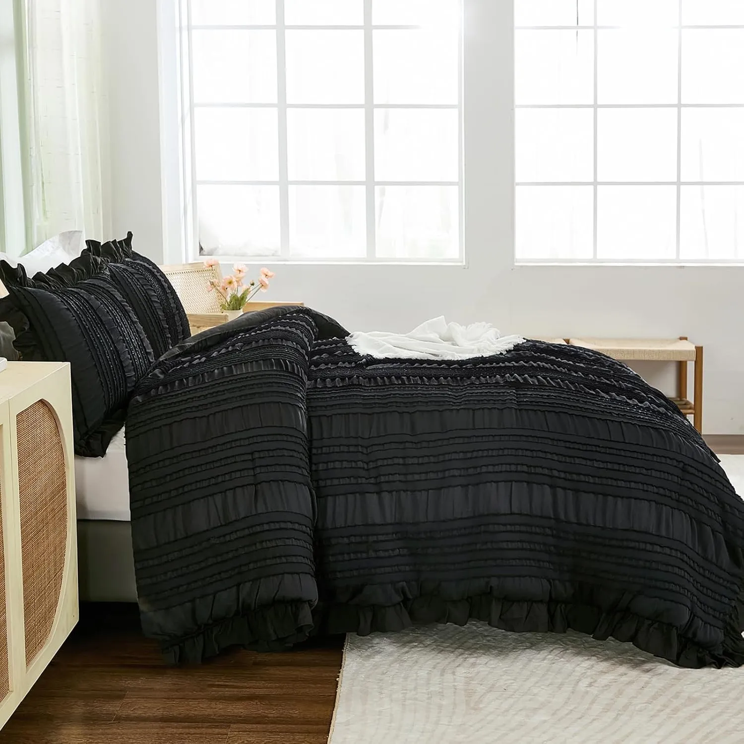 WONGS BEDDING Black Comforter Set Queen,3 Pieces Ruffle Farmhouse Shabby Chic Boho Comforter for Queen Bed,Soft Seersucker Textured Bedding Set with 1 Ruffle Comforter,2 Tufted Pillowcases 90"×90"