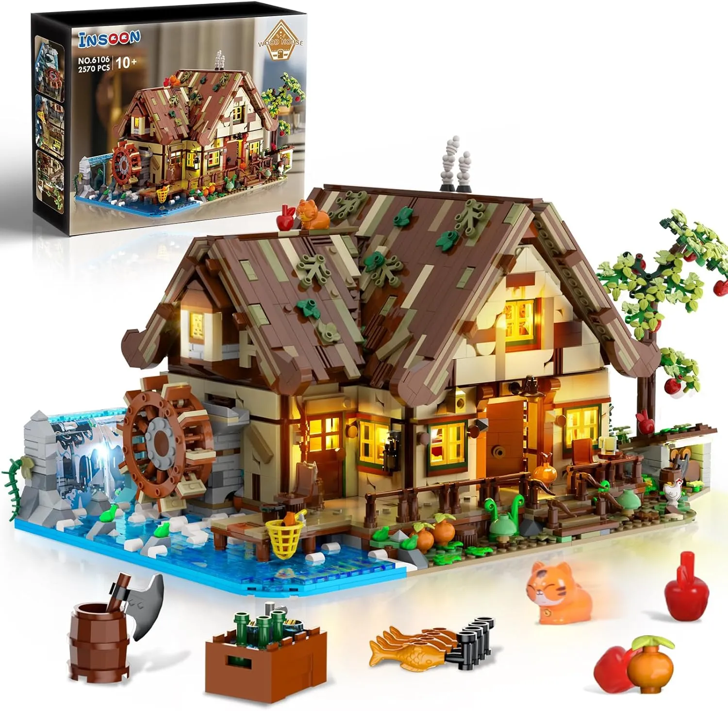 Wood Cabin Building Set with LED Light, 2570 PCS Wooden Forest House Mini Building Block Toy with Waterwheel Pond Animals, Big House Construction Model for Adults Teens Kids Boys Girls 10-12 