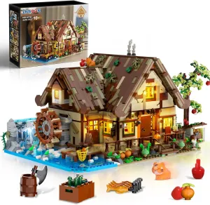 Wood Cabin Building Set with LED Light, 2570 PCS Wooden Forest House Mini Building Block Toy with Waterwheel Pond Animals, Big House Construction Model for Adults Teens Kids Boys Girls 10-12 