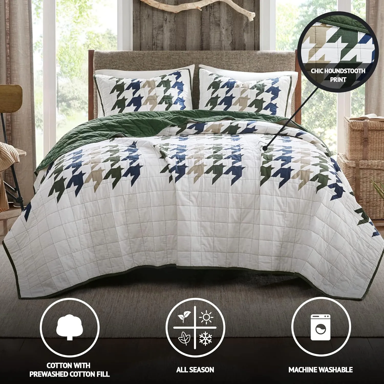 Woolrich Reversible Quilt Cabin Lifestyle Design - All Season, Breathable Coverlet Bedspread Bedding Set, Matching Shams, Oversized King/Cal King, Hudson Houndstooth Green 3 Piece