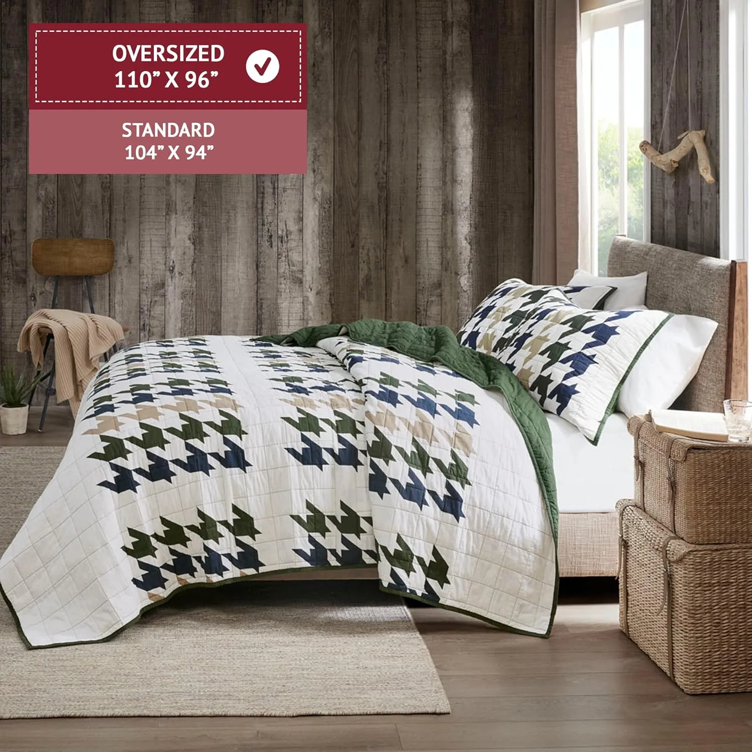 Woolrich Reversible Quilt Cabin Lifestyle Design - All Season, Breathable Coverlet Bedspread Bedding Set, Matching Shams, Oversized King/Cal King, Hudson Houndstooth Green 3 Piece