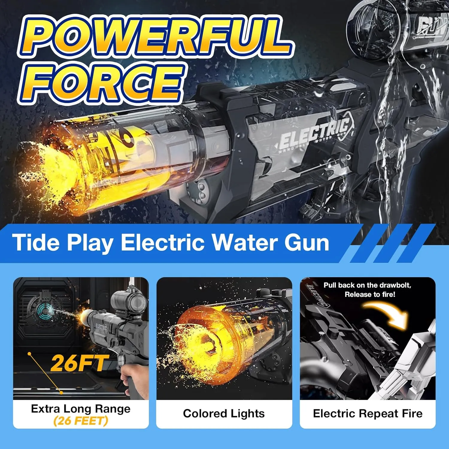Woyuosn Ultimate Battle Blaster Electric Water Guns with Realistic Gun Muzzle Flame High Capacity Squirt Guns Summer Outdoor Beach Swimming Pool Party Toy for Adult Kid(Black)