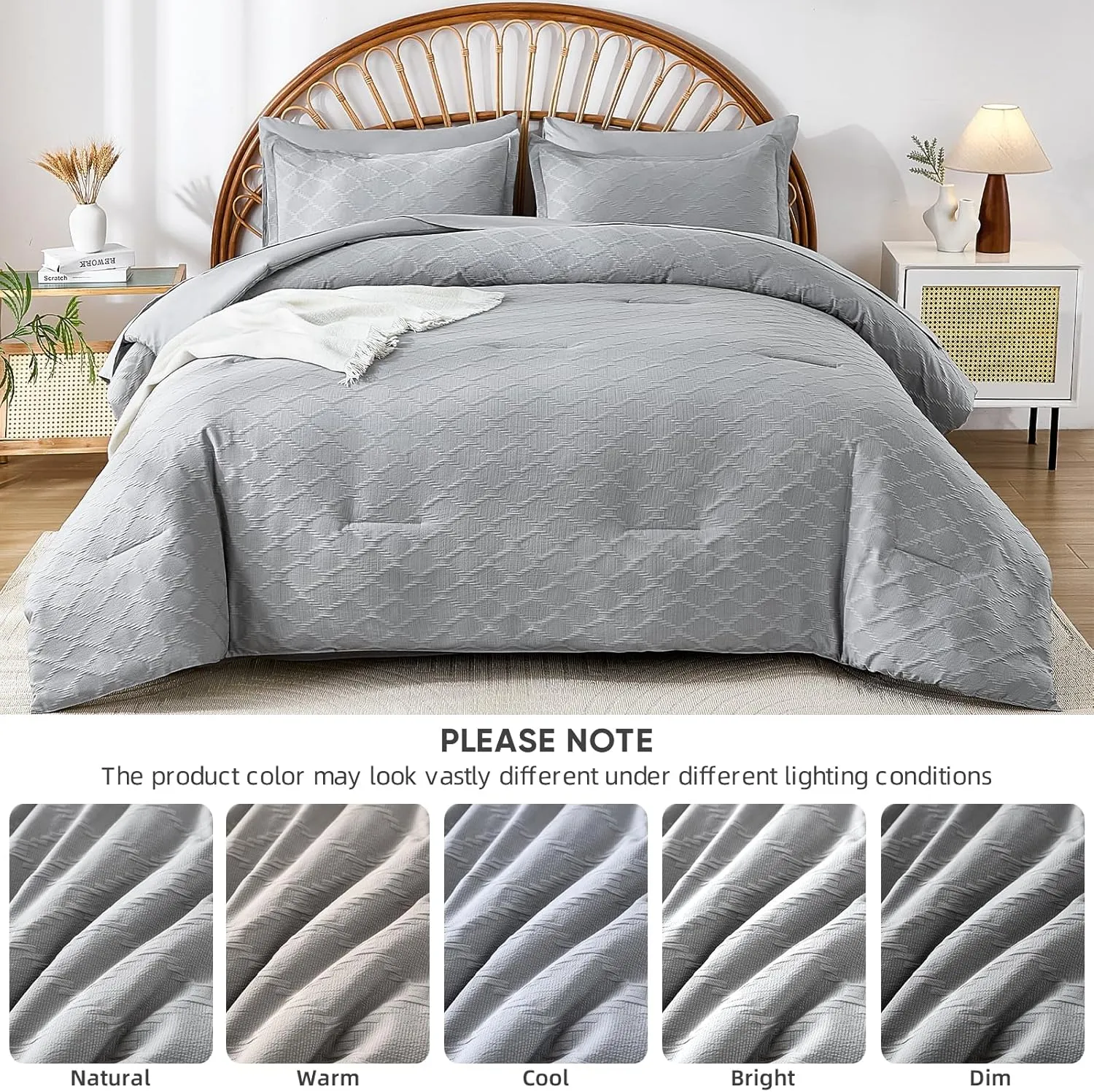 Yiran 7 Piece Grey Comforter Set Queen Size, Jacquard Tufted Bed in a Bag, Spring Summer Soft Microfiber Complete Bedding Set with Sheets for All Season
