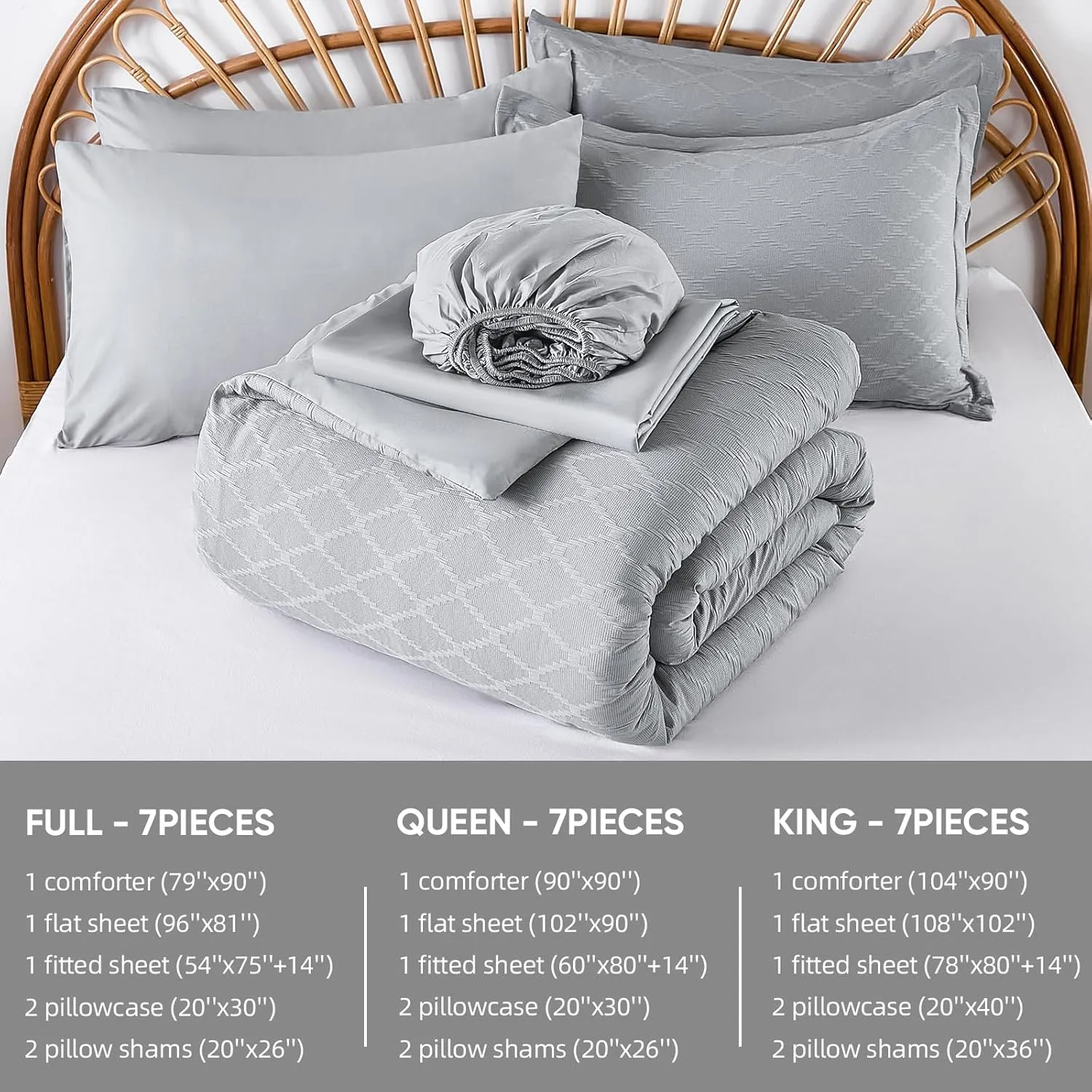 Yiran 7 Piece Grey Comforter Set Queen Size, Jacquard Tufted Bed in a Bag, Spring Summer Soft Microfiber Complete Bedding Set with Sheets for All Season