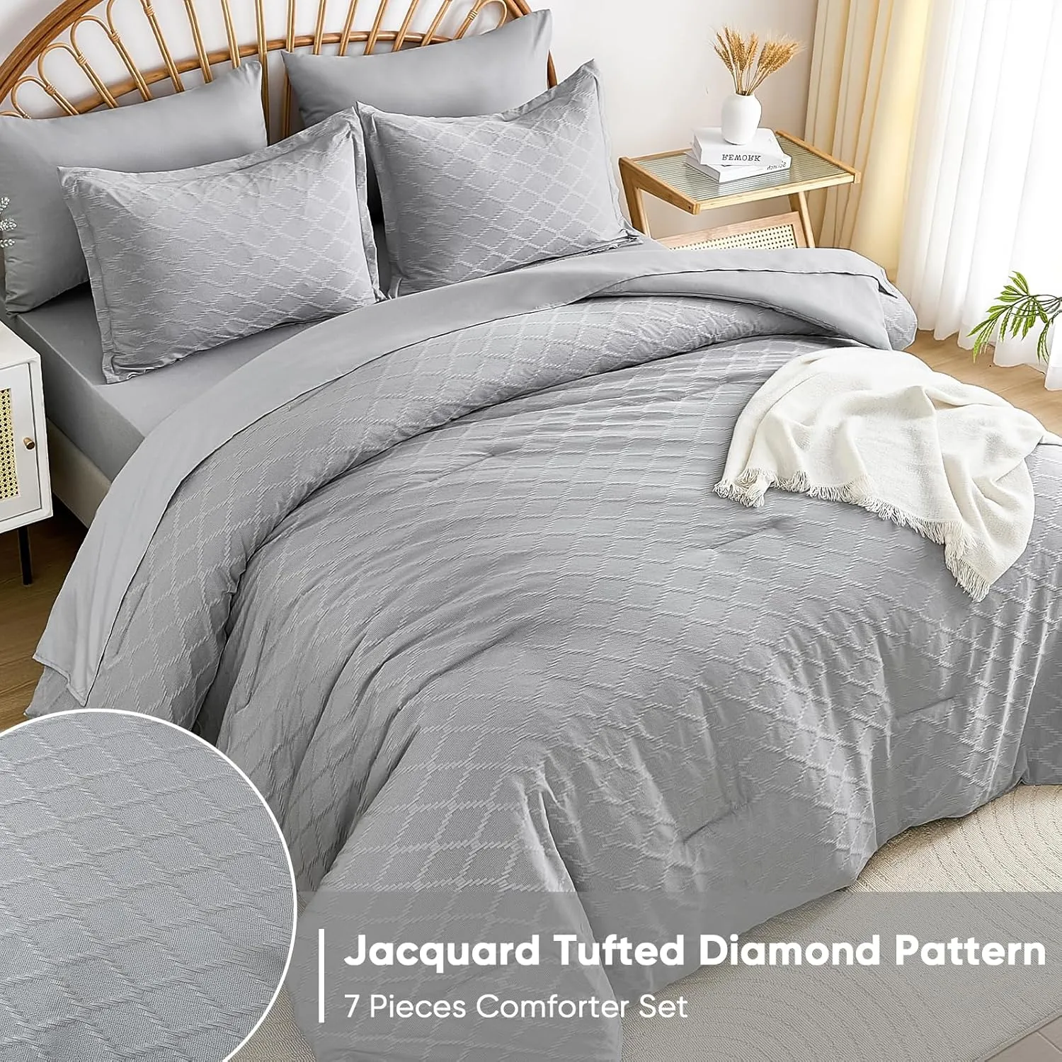 Yiran 7 Piece Grey Comforter Set Queen Size, Jacquard Tufted Bed in a Bag, Spring Summer Soft Microfiber Complete Bedding Set with Sheets for All Season