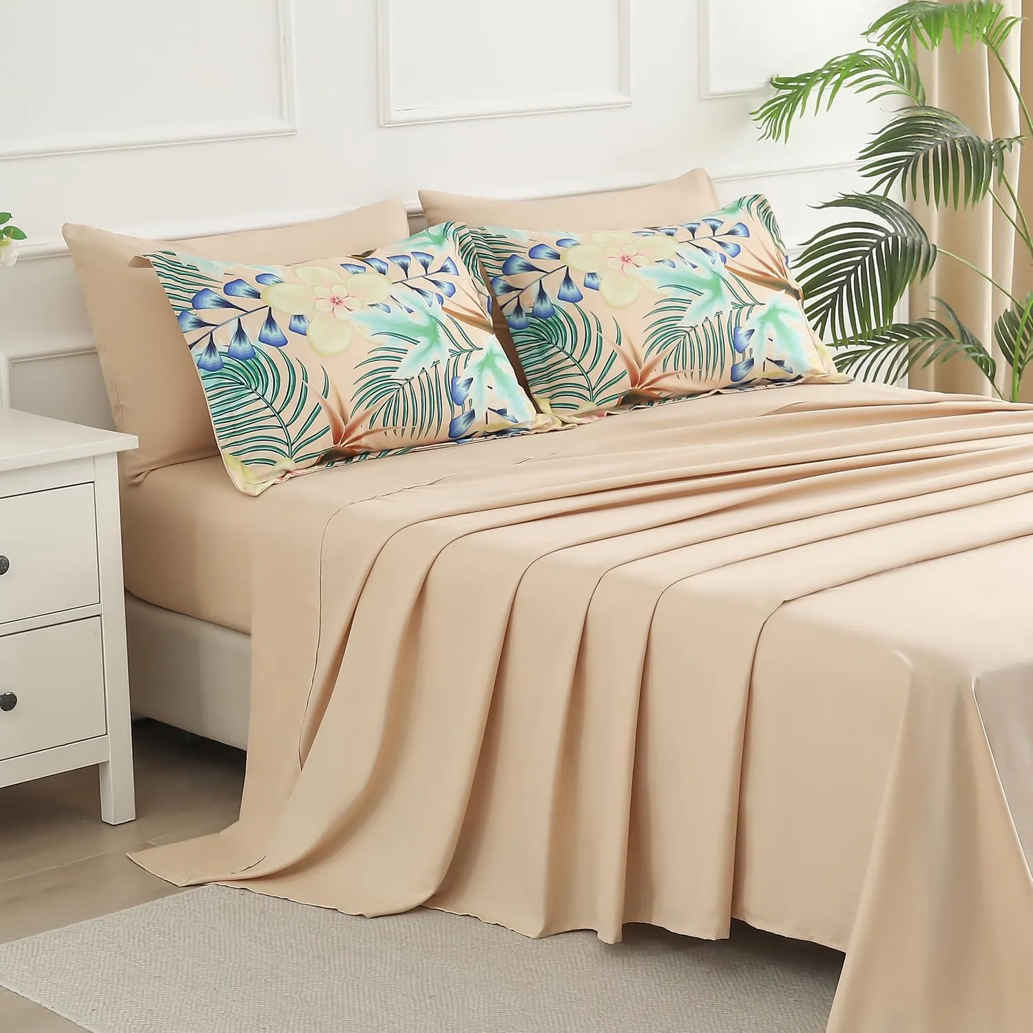 Yogeneg 7 Piece Bed in a Bag Queen Size Comforter Set Khaki Bedding Set,Yellow Floral Green Leaves Pattern Reversible Design,Soft Microfiber Comforter with Sheet Set,All Season(Khaki,Queen)