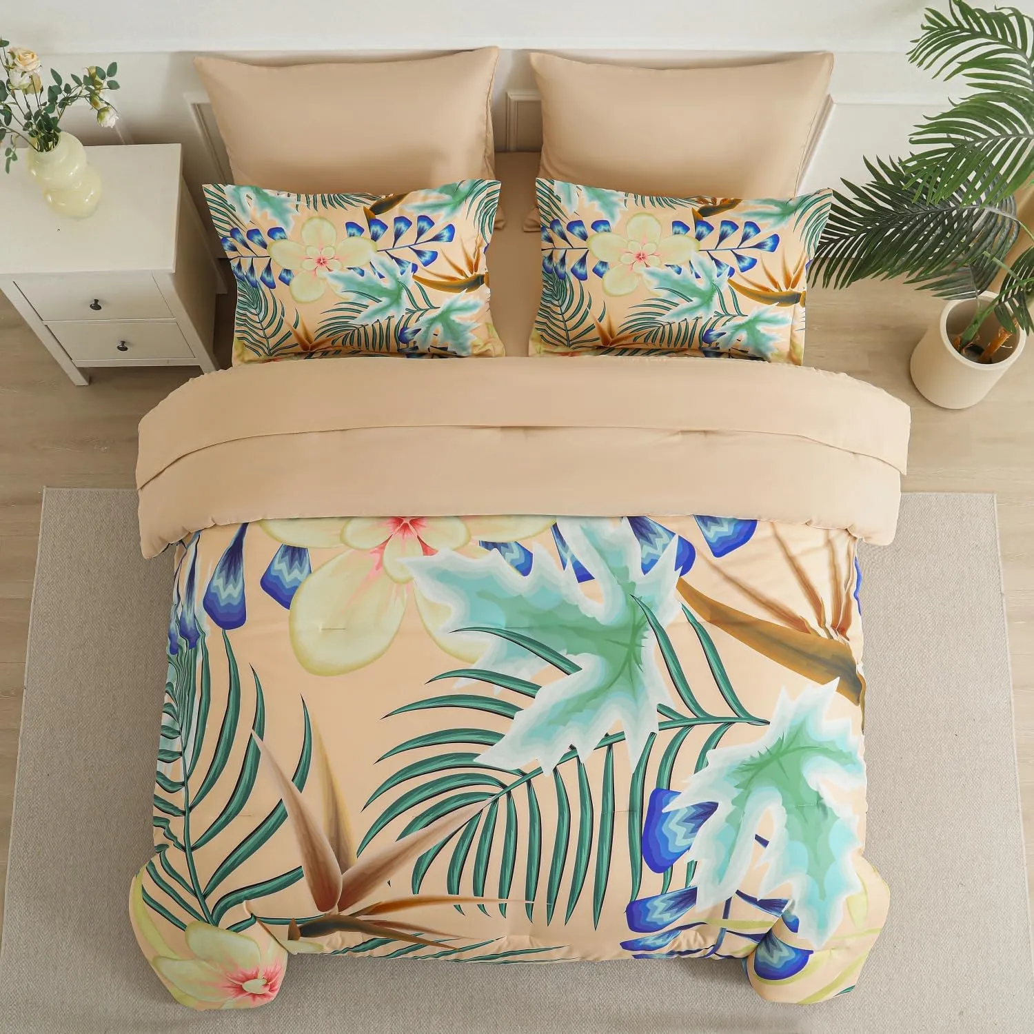 Yogeneg 7 Piece Bed in a Bag Queen Size Comforter Set Khaki Bedding Set,Yellow Floral Green Leaves Pattern Reversible Design,Soft Microfiber Comforter with Sheet Set,All Season(Khaki,Queen)