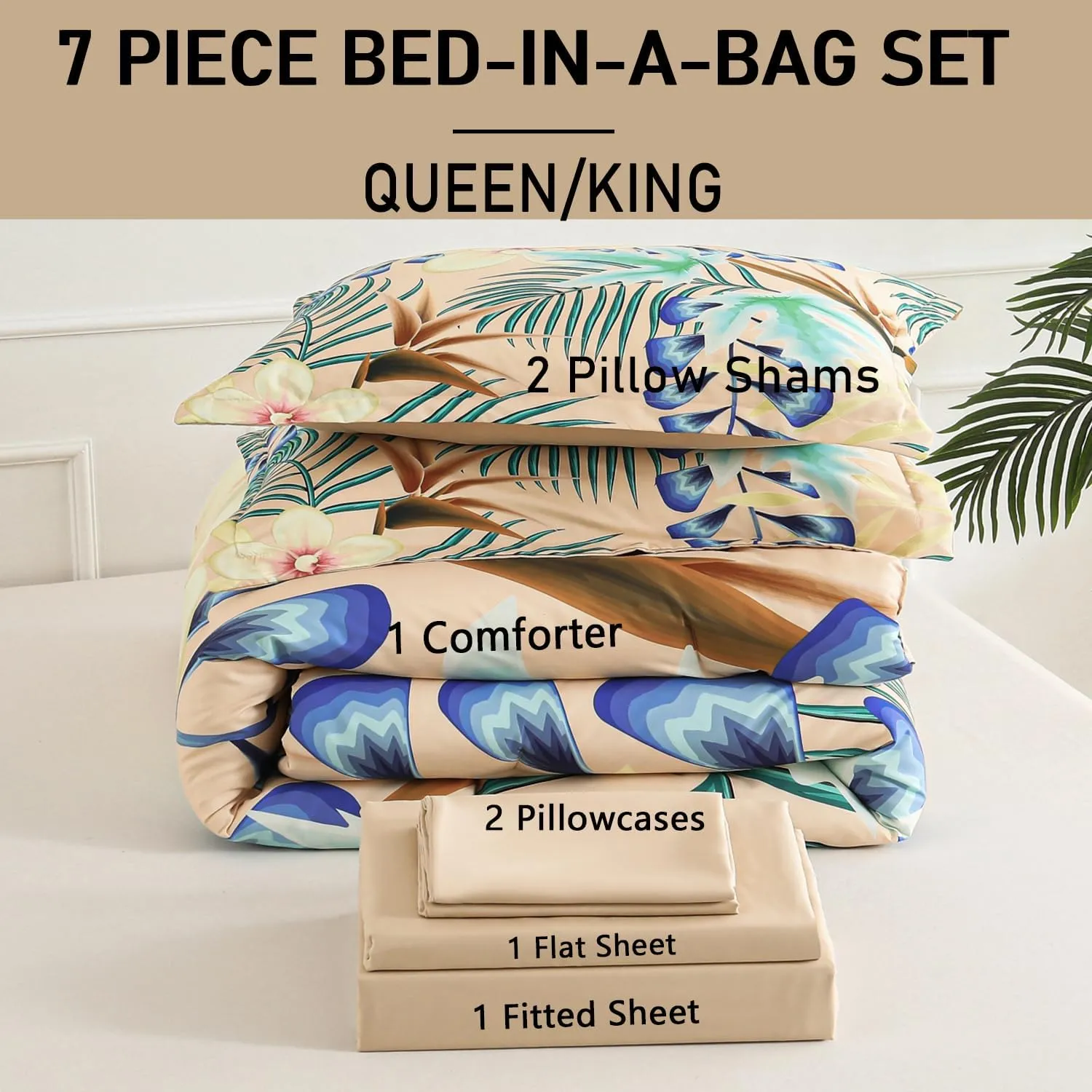 Yogeneg 7 Piece Bed in a Bag Queen Size Comforter Set Khaki Bedding Set,Yellow Floral Green Leaves Pattern Reversible Design,Soft Microfiber Comforter with Sheet Set,All Season(Khaki,Queen)